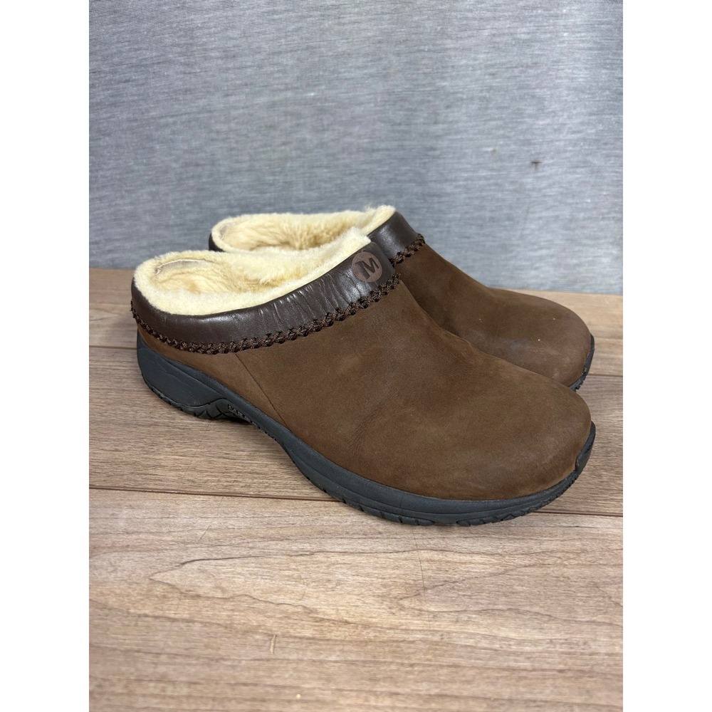 Merrell Encore Ice Brown Suede Faux Fur Lined Clogs Mules Womens Shoes
